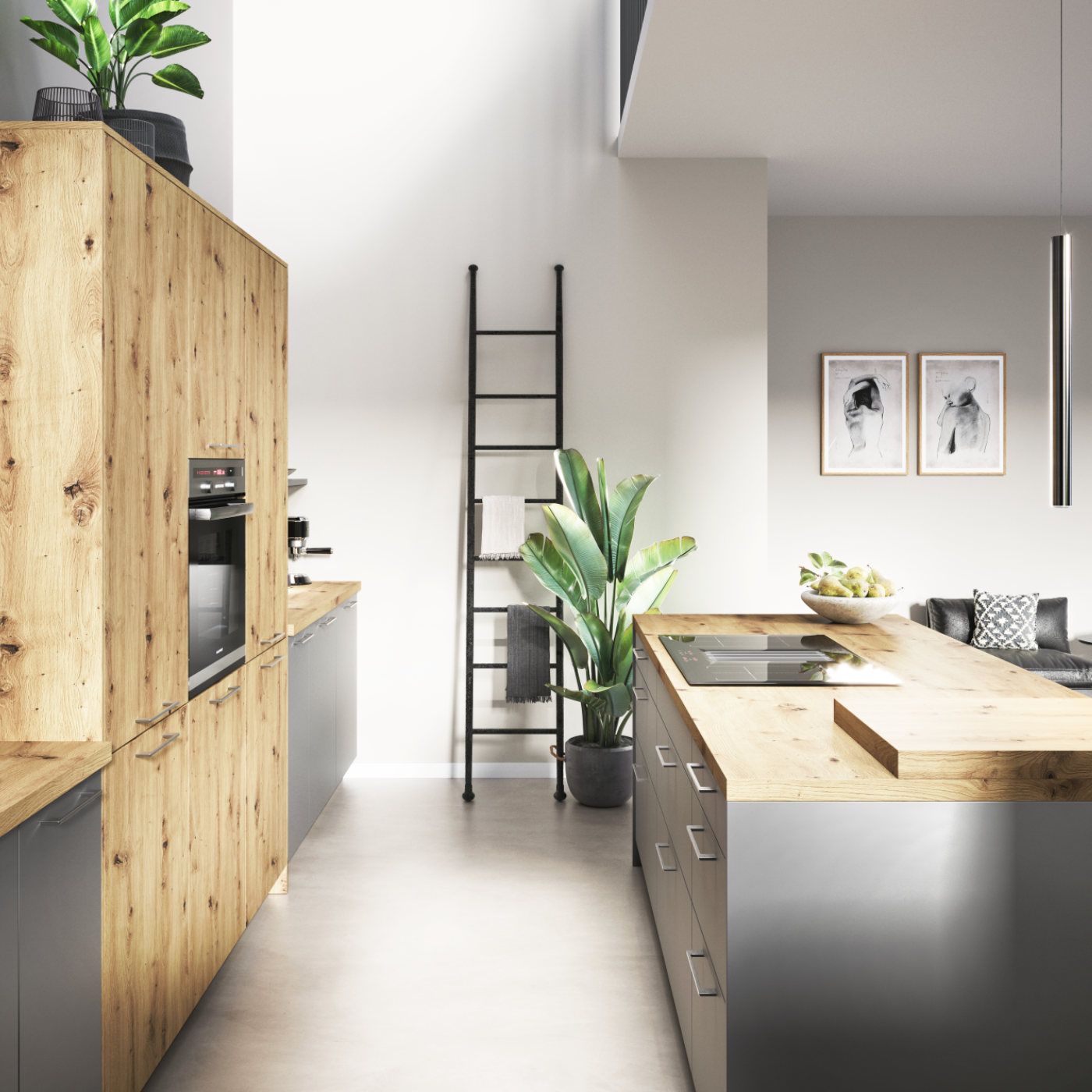 küchenhersteller-häcker-inselküche-naturholz-grau-matt