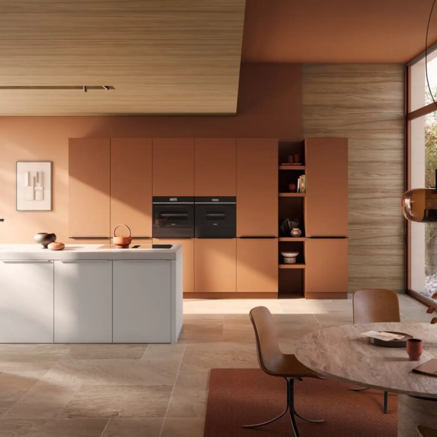 küchenhersteller-haecker-inselkueche-modern-orange-weiß-matt