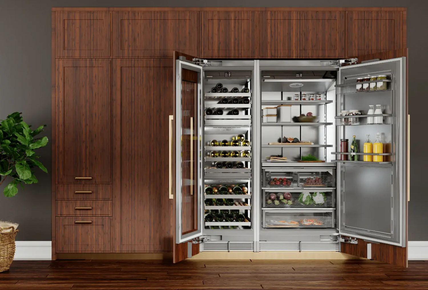 Liebherr Monolith Weinschrank und Kühlschrank hinter einer Holzfront